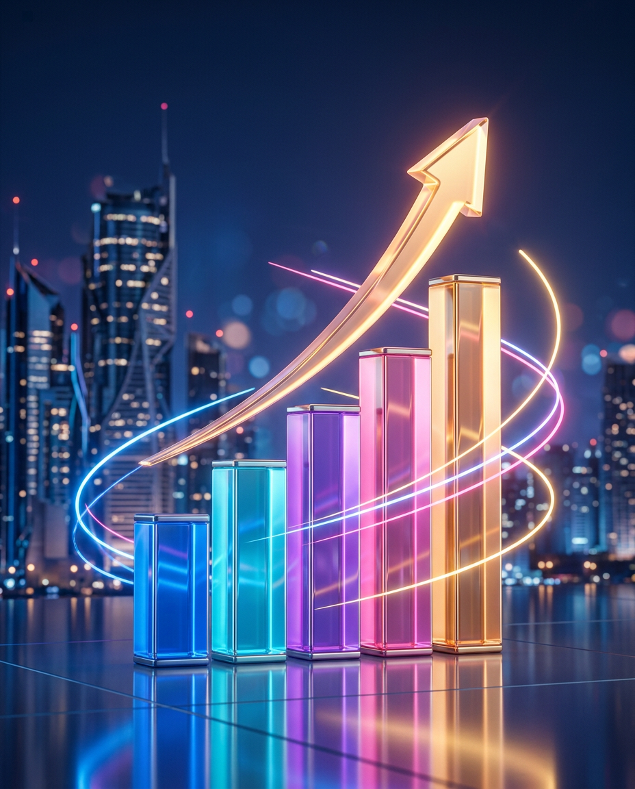 Glowing 3D bar chart rising in front of a city skyline, with an upward arrow showing business growth